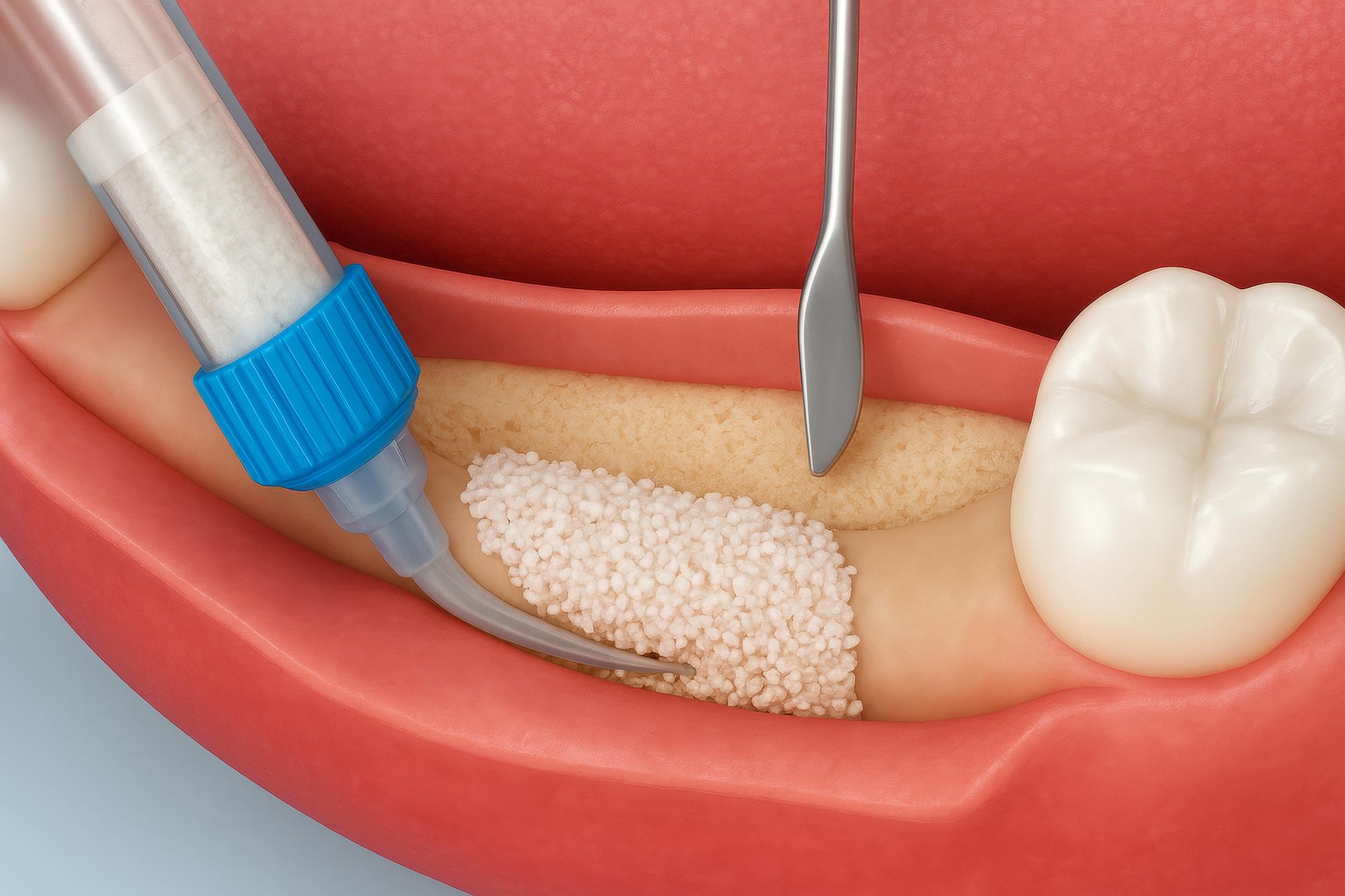 Close up view revealing dental surgeon performing guided bone regeneration filling surgical site with specialized granules using precise instrumental techniques — por audit2006ek no Freepik