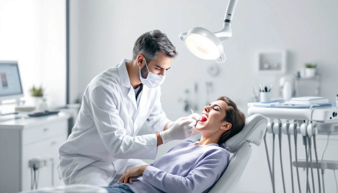 Profissional de odontologia examinando cavidade oral de paciente em ambiente clínico moderno