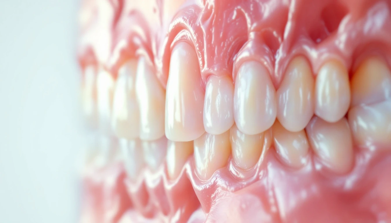 Close-up de gengiva saudável contrastando com gengiva inflamada, mostrando diferenças visuais claras em ambiente clínico profissional