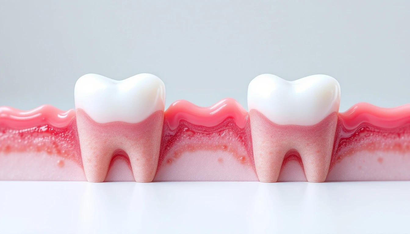 Close-up de gengivas saudáveis e inflamadas lado a lado mostrando diferença visual entre tecido normal e gengivite