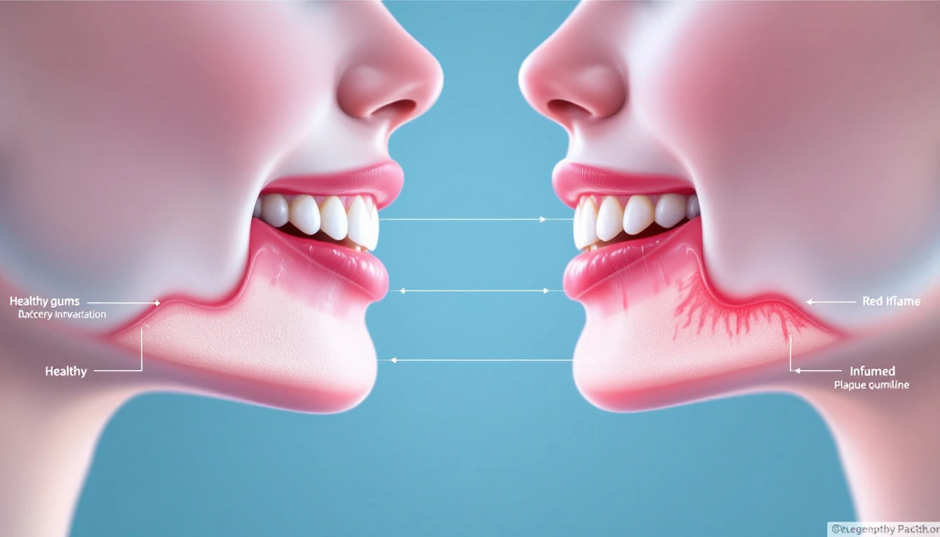 Close-up de gengiva saudável e gengiva inflamada lado a lado mostrando diferenças visuais