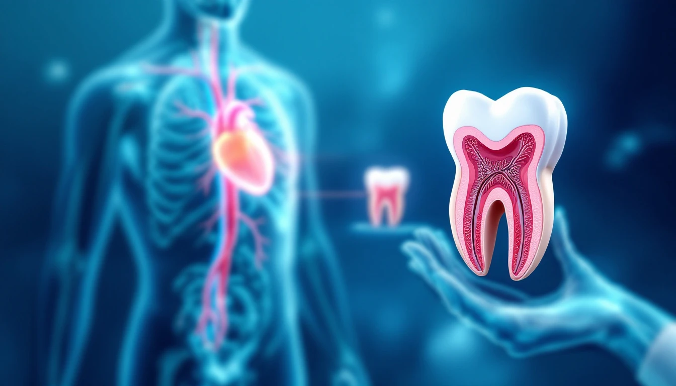 Profissional de saúde examinando modelo anatômico mostrando conexão entre boca e sistema cardiovascular
