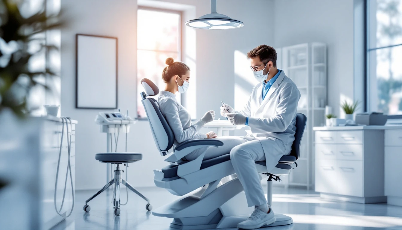 Profissional de odontologia realizando exame periodontal detalhado em consultório moderno