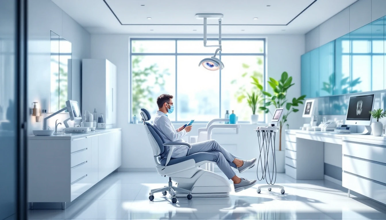 Profissional de odontologia examinando paciente em ambiente moderno e acolhedor, demonstrando cuidado integral com saúde bucal