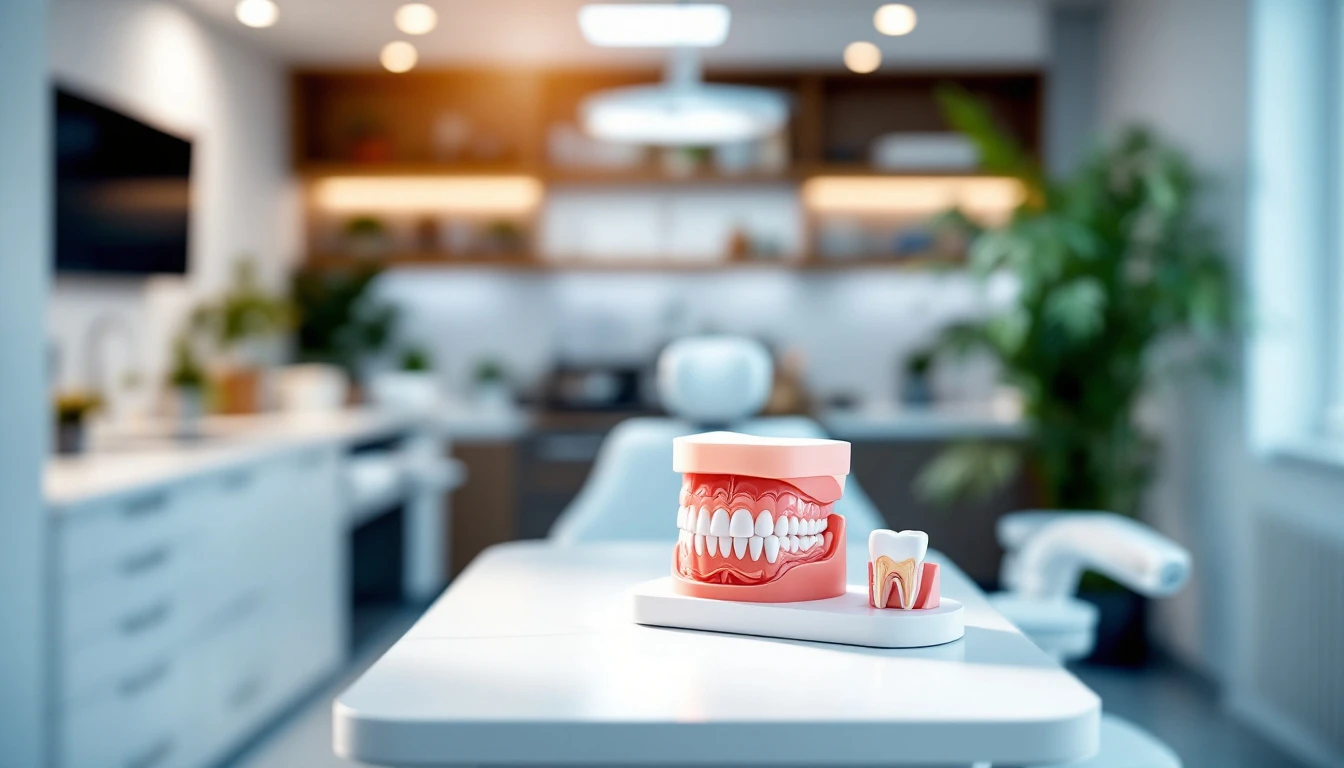 Profissional de saúde examinando modelo anatômico de gengiva e estrutura dental em ambiente clínico moderno