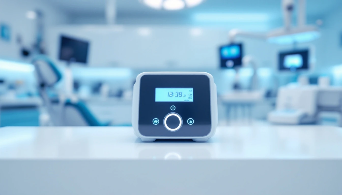 Equipamento de laser terapêutico moderno em ambiente clínico odontológico com instrumentos de periodontia