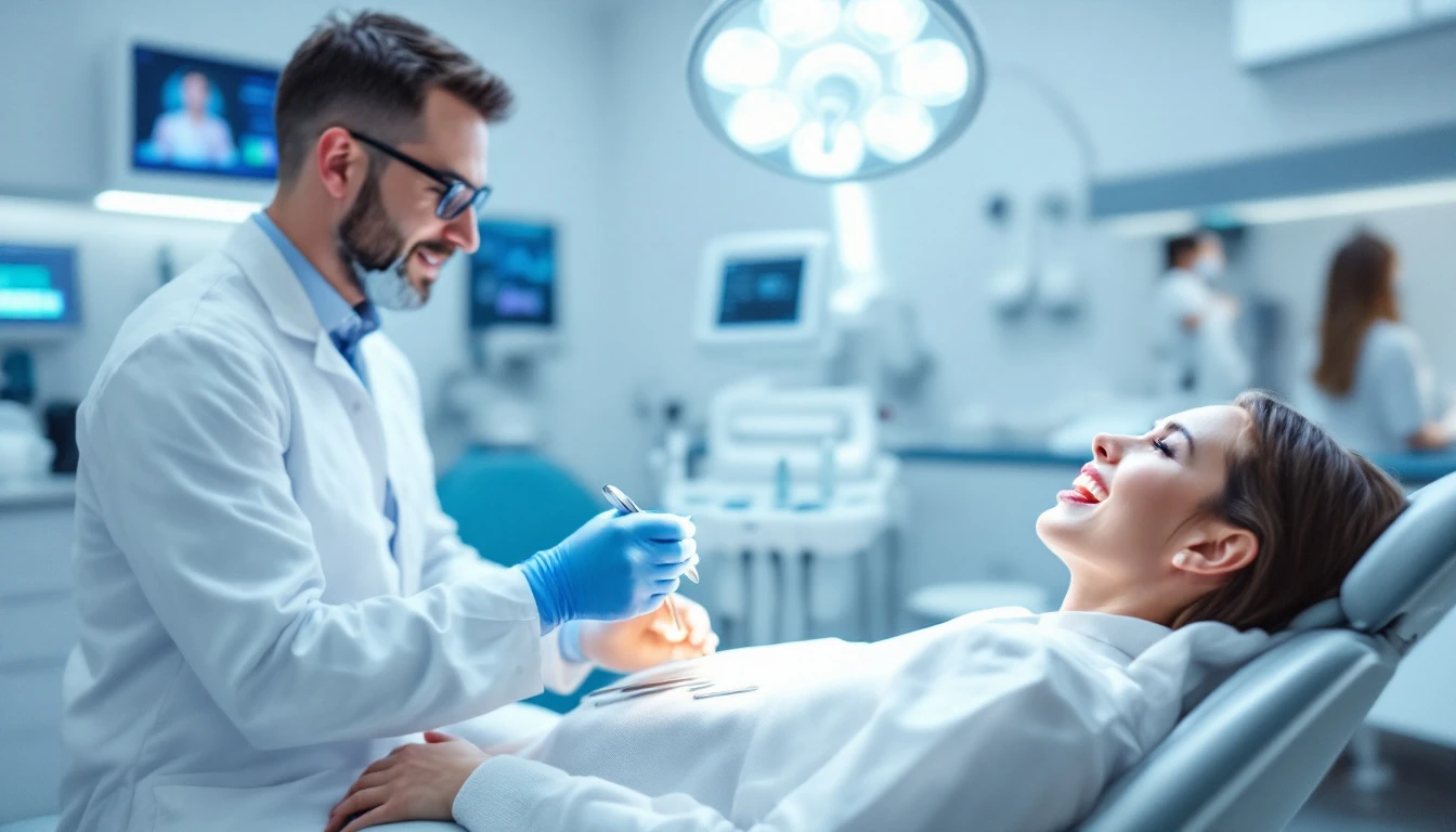 Profissional de saúde bucal realizando exame periodontal detalhado em consultório moderno