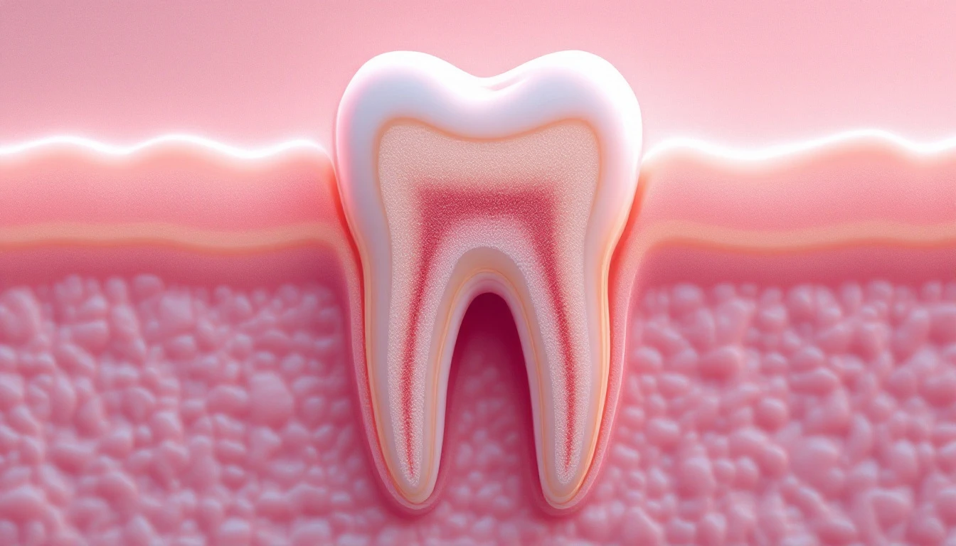 Close-up de dentes mostrando acúmulo de tártaro na linha da gengiva com contraste entre superfície limpa e área afetada