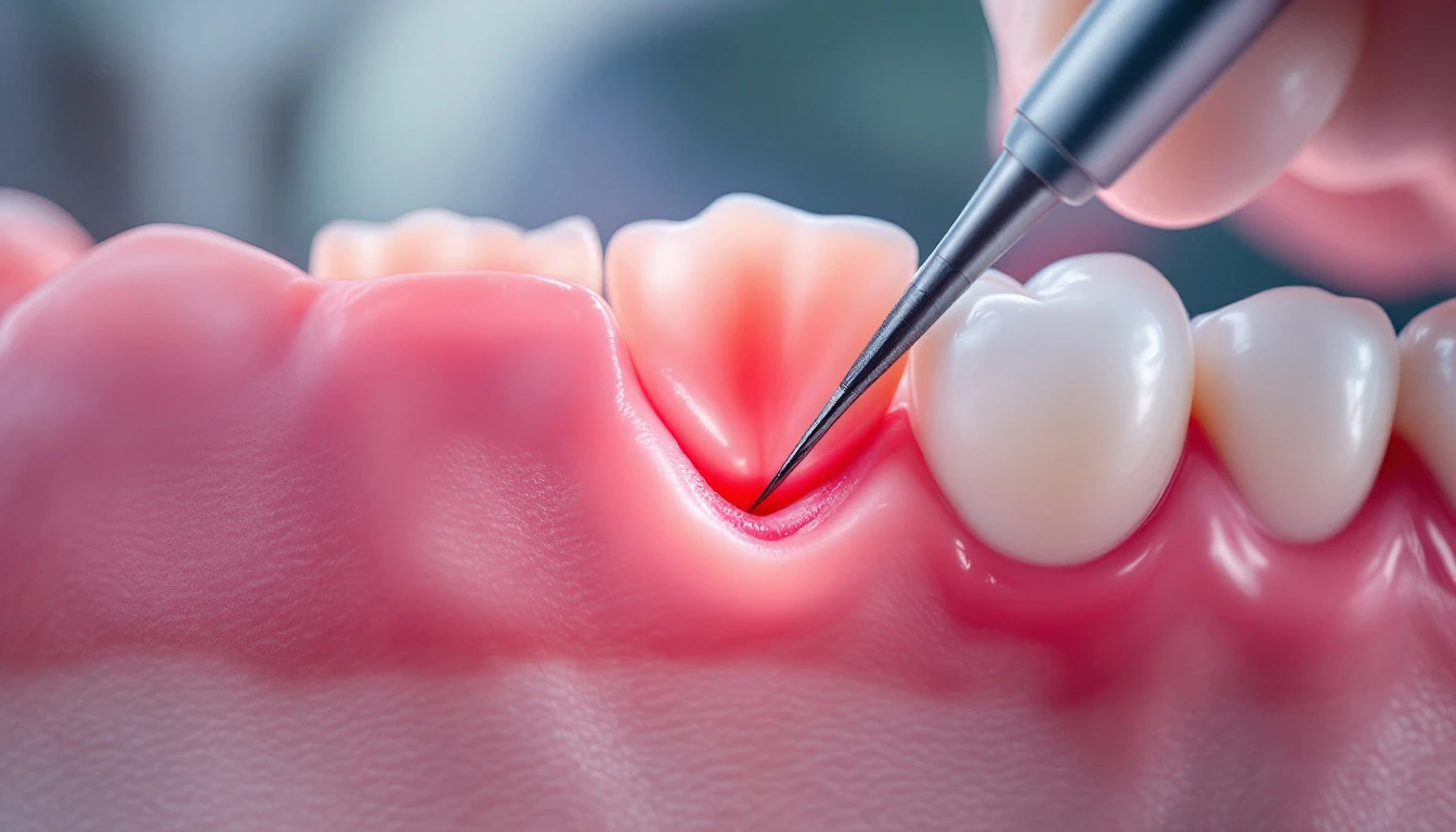 Close-up profissional de exame periodontal mostrando sonda medindo profundidade gengival em consultório odontológico moderno