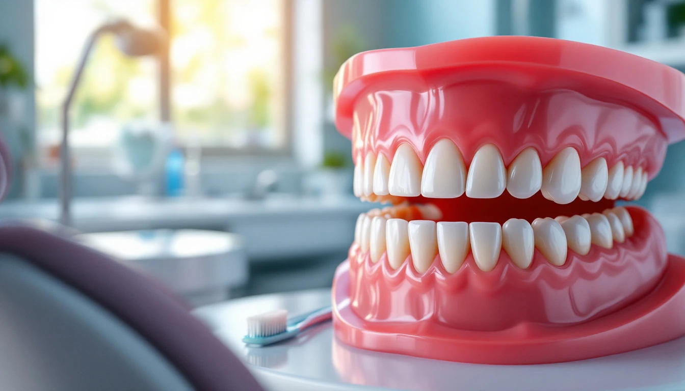 Close-up de gengivas saudáveis e escova de dentes com creme dental em ambiente clínico iluminado