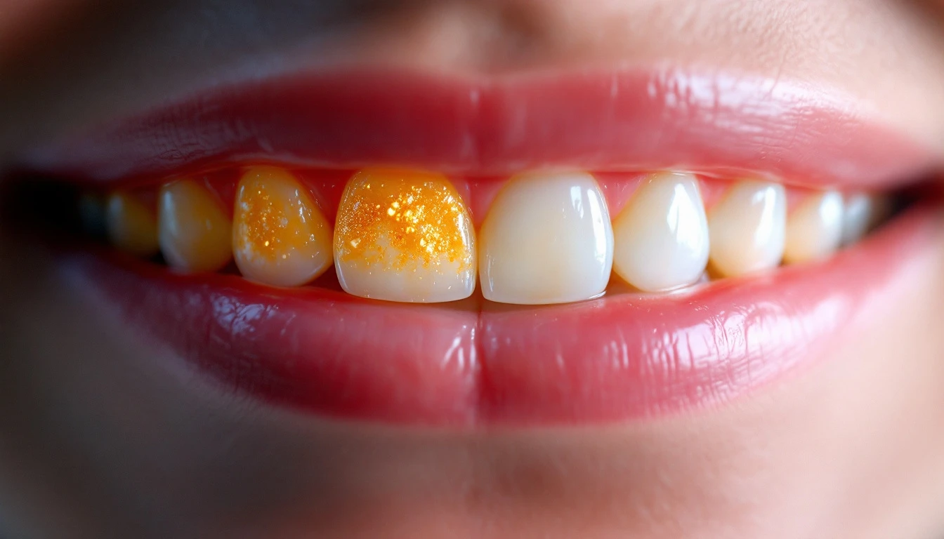 Close-up de dentes mostrando acúmulo de tártaro na linha da gengiva com contraste entre área saudável e afetada