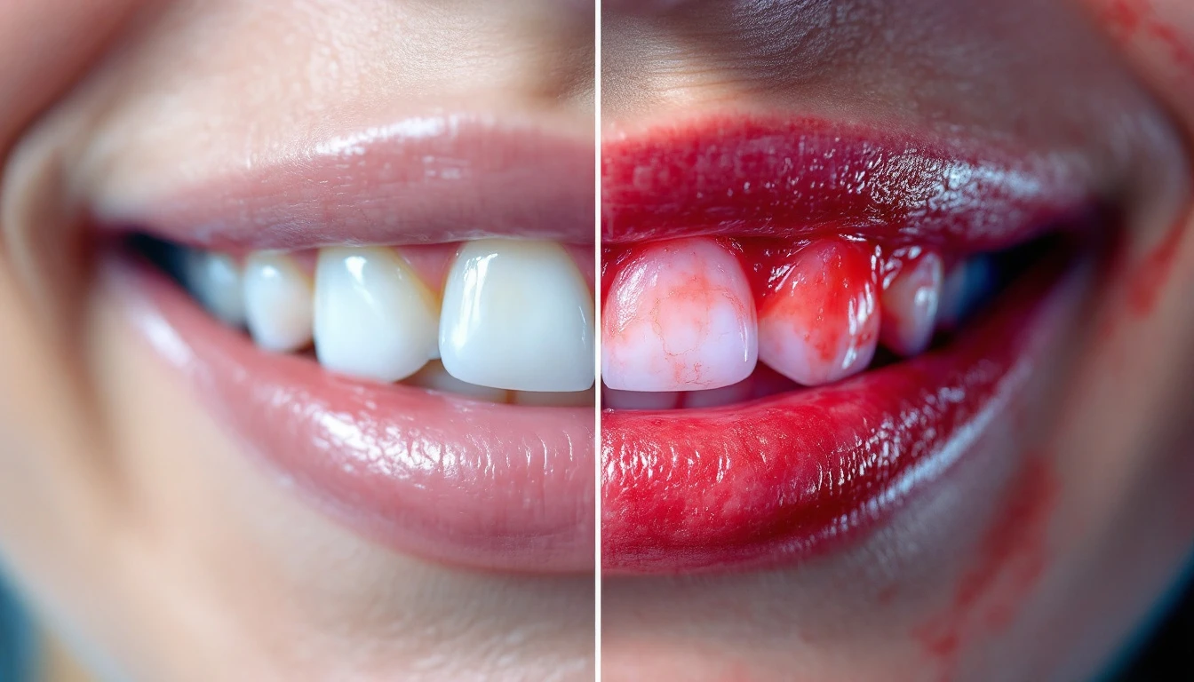 Close-up profissional de gengivas saudáveis e inflamadas lado a lado, mostrando diferença visual entre tecido periodontal normal e afetado por periodontite